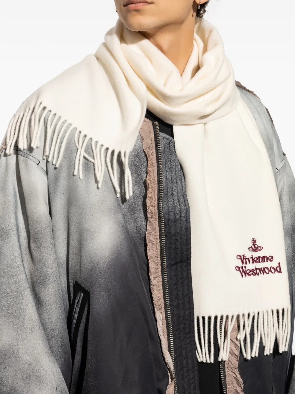 Vivienne Westwood embroidered-logo Fringed Scarf | White | FARFETCH AU
