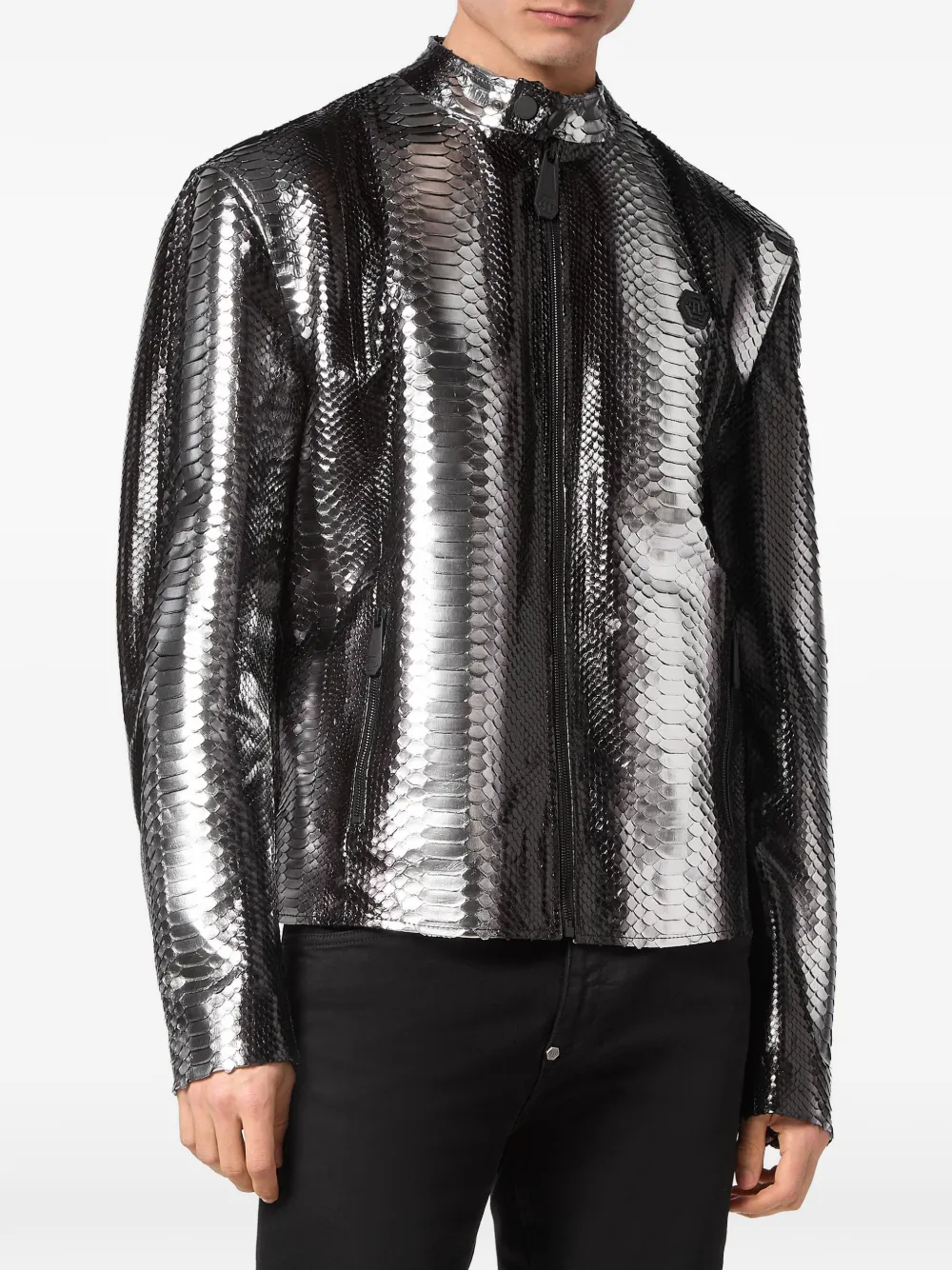 Philipp Plein Leren jack met python-effect Zilver