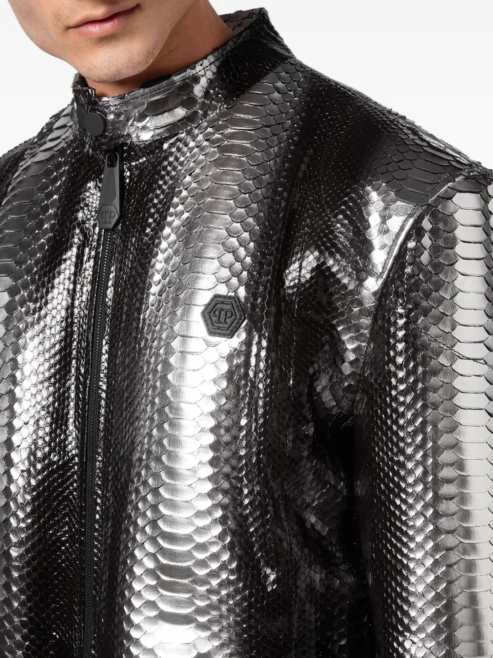 Philipp Plein Leren jack met python-effect Zilver