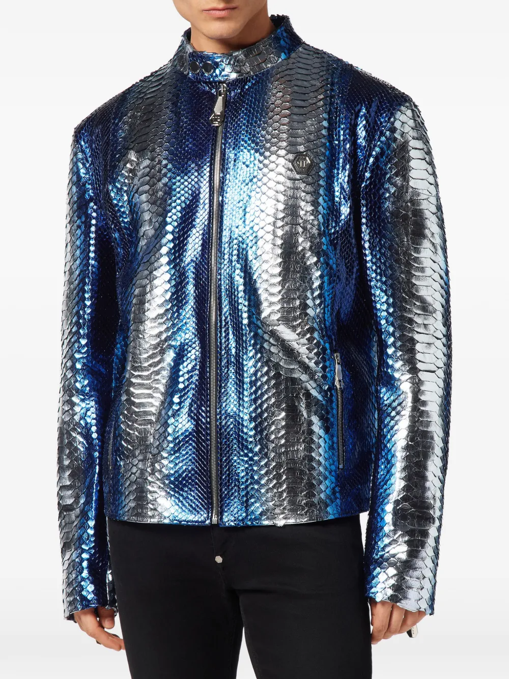 Philipp Plein Leren bikerjack met python-print Blauw