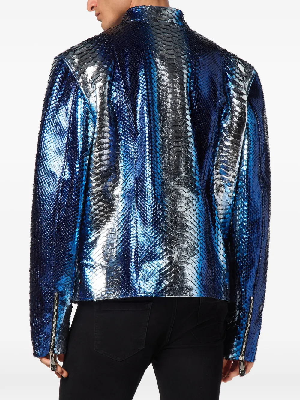 Philipp Plein Leren bikerjack met python-print Blauw
