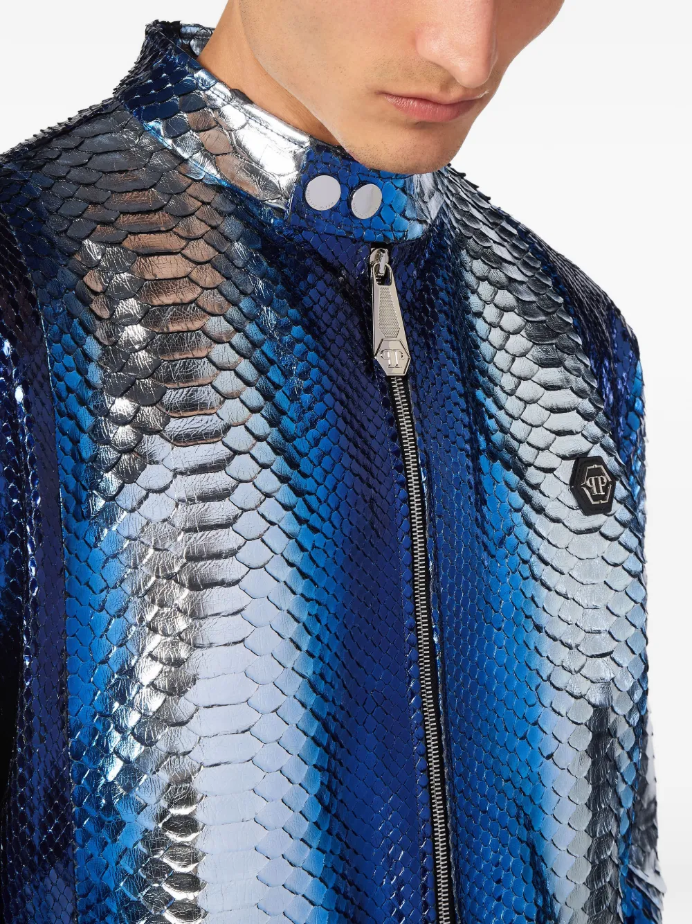 Philipp Plein Leren bikerjack met python-print Blauw
