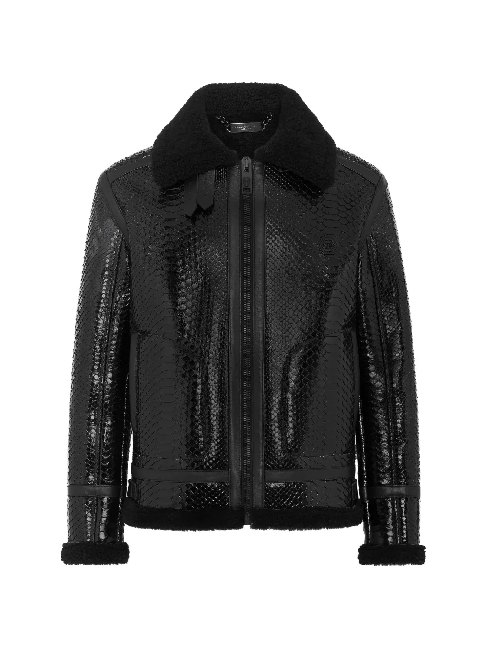 Philipp Plein patent-effect shearling-trim jacket - Nero