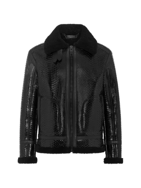 Philipp Plein patent-effect shearling-trim jacket