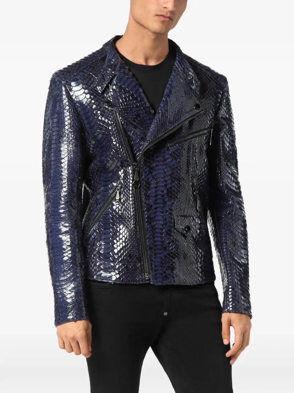 Philipp Plein Leren jack met python-effect Blauw