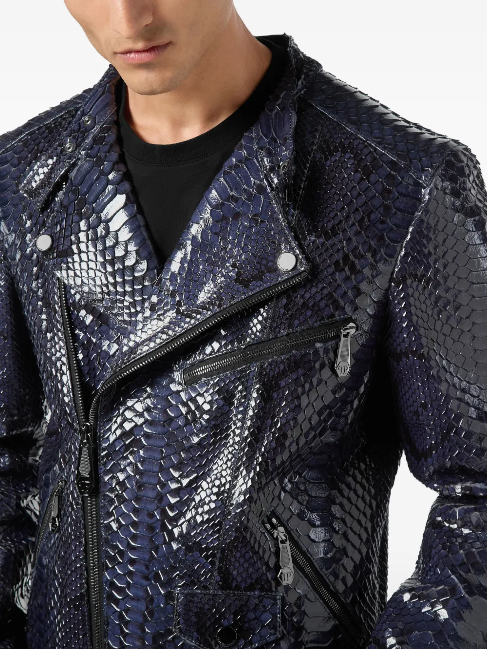 Philipp Plein Leren jack met python-effect Blauw