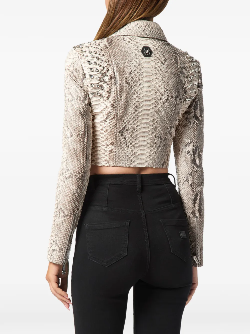 Philipp Plein Leren bikerjack met python-print Beige