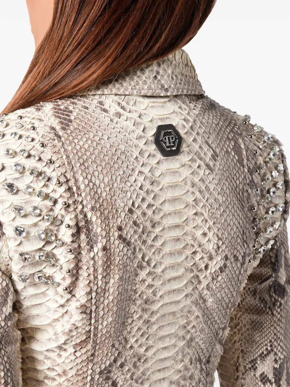 Philipp Plein Leren bikerjack met python-print Beige