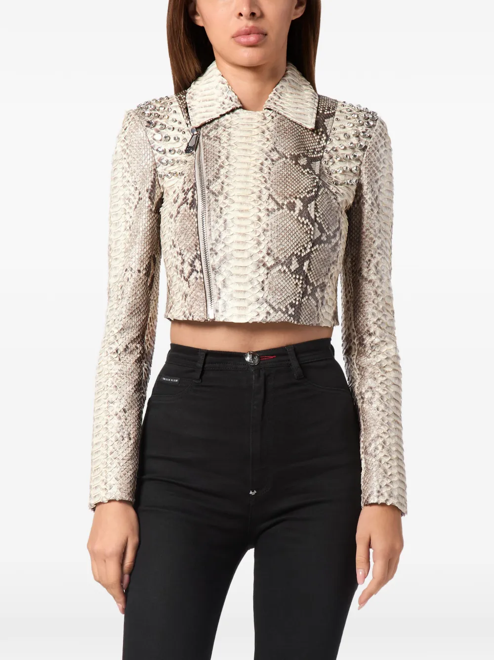 Philipp Plein Leren bikerjack met python-print Beige