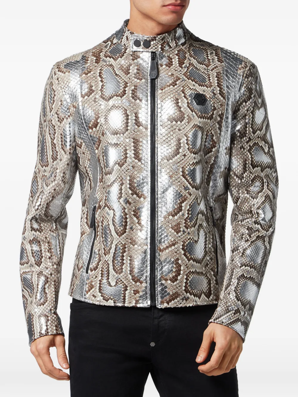 Philipp Plein Leren jack met python-effect Zilver
