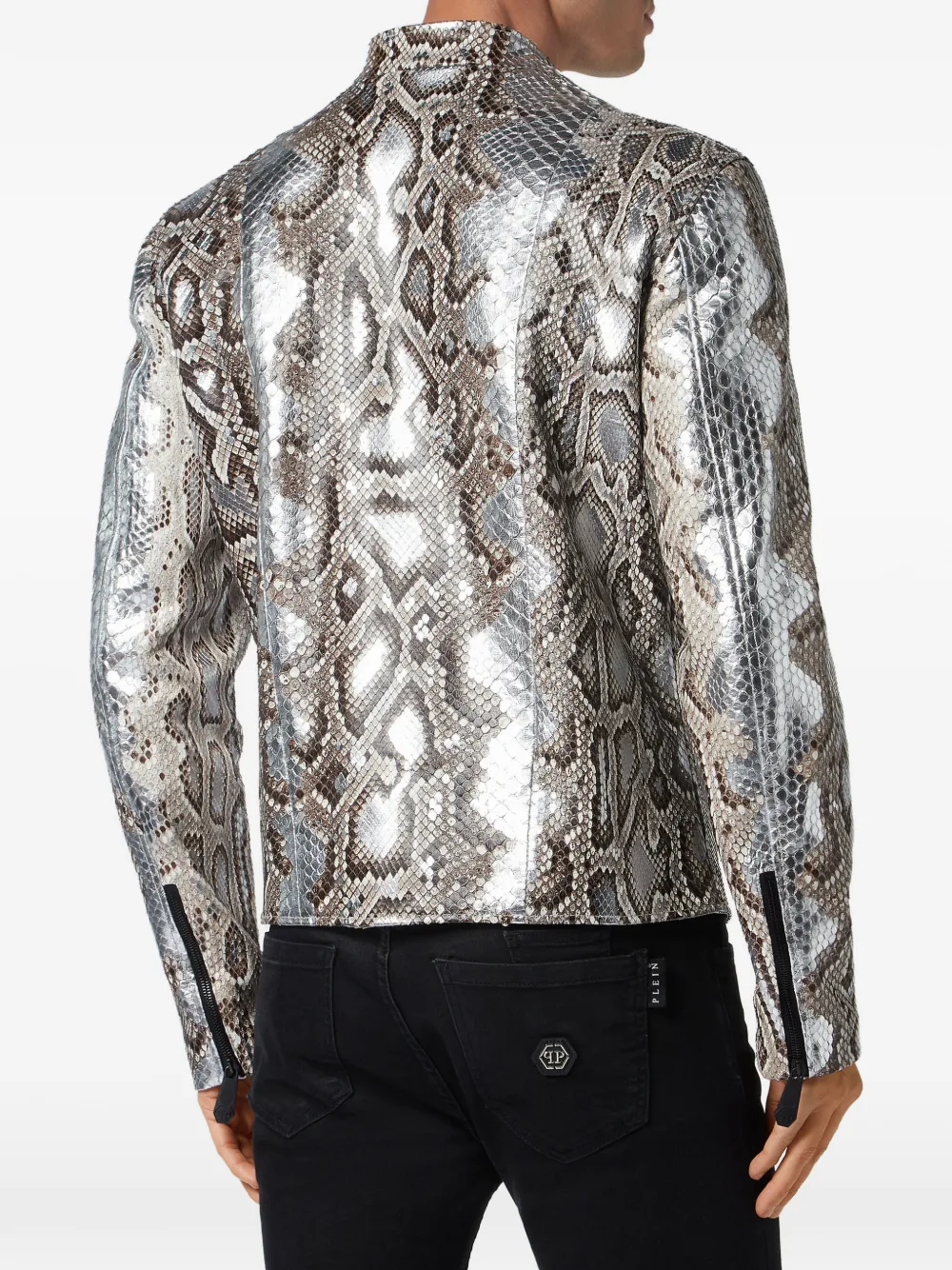 Philipp Plein Leren jack met python-effect Zilver