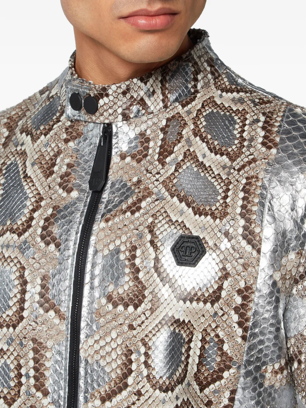 Philipp Plein Leren jack met python-effect Zilver