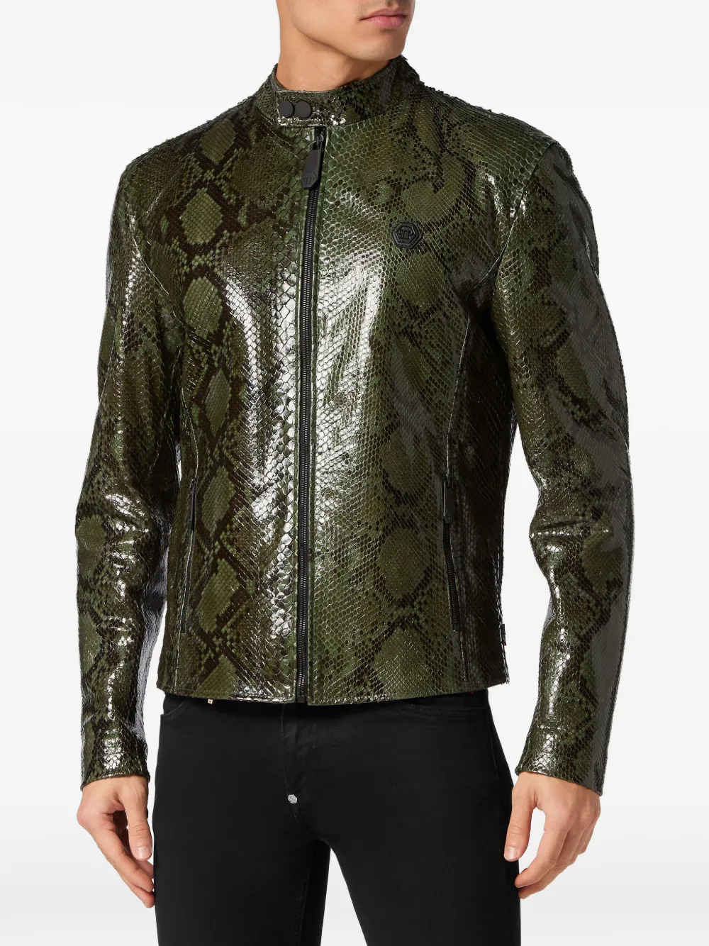 Philipp Plein Leren jack met python-effect Groen