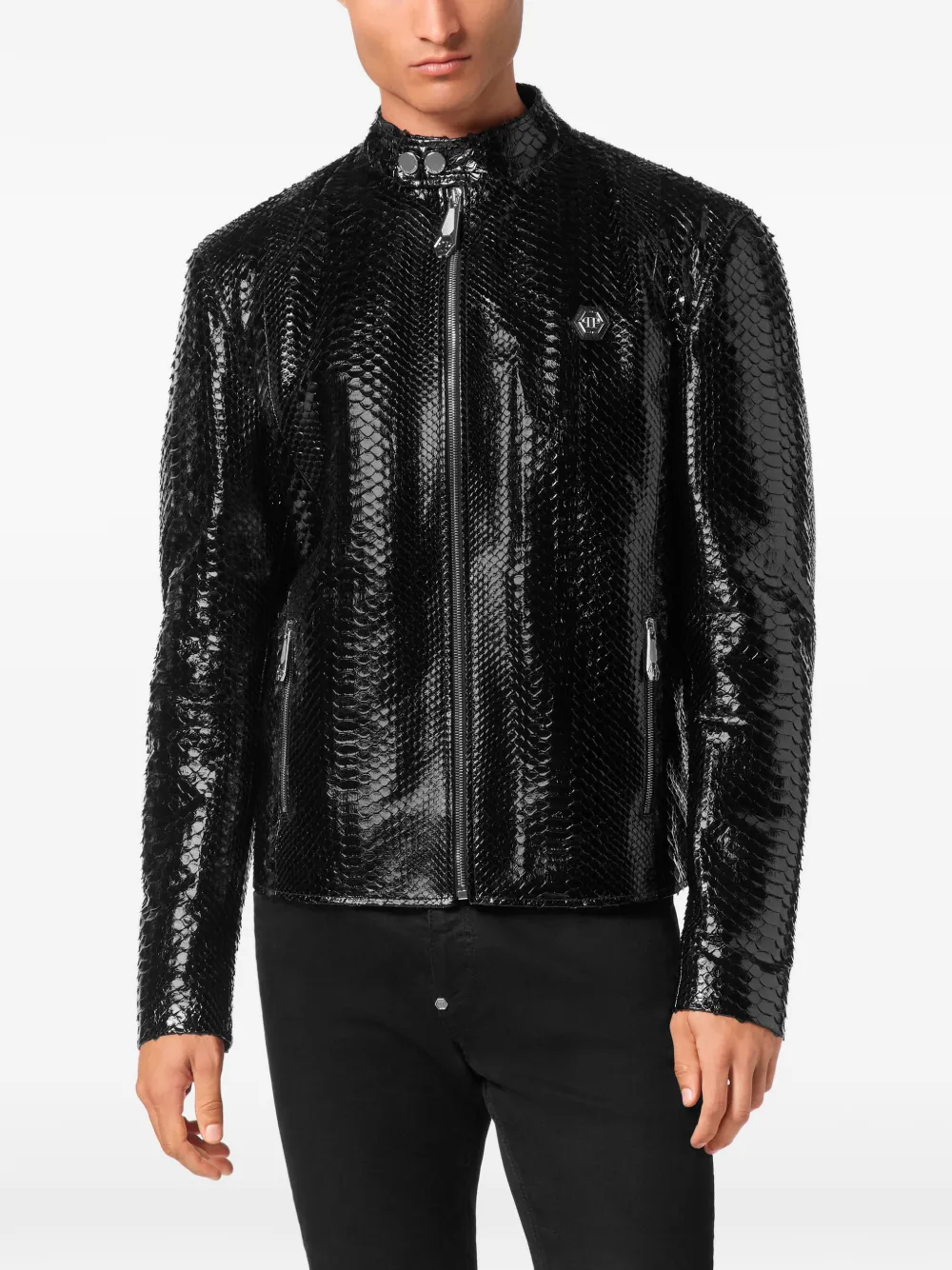 Philipp Plein Leren jack met python-effect Zwart