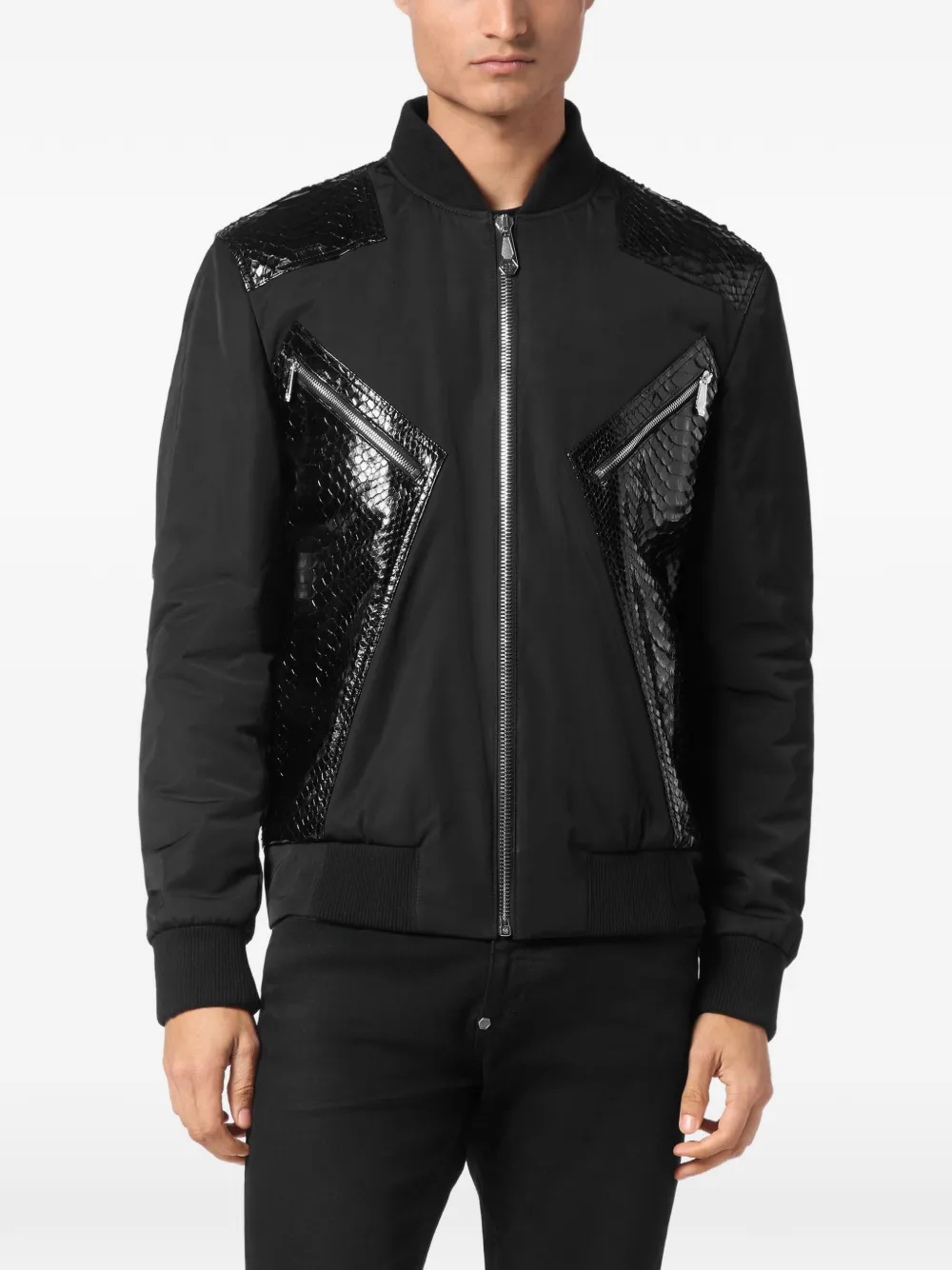 Philipp Plein Bomberjack met vlakken van pythonleer Zwart
