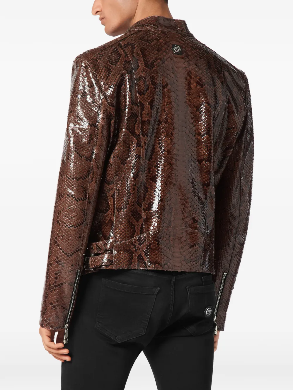Philipp Plein Leren bikerjack met pythonprint Bruin