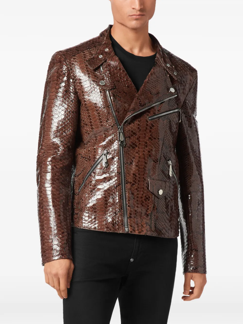 Philipp Plein Leren bikerjack met pythonprint Bruin