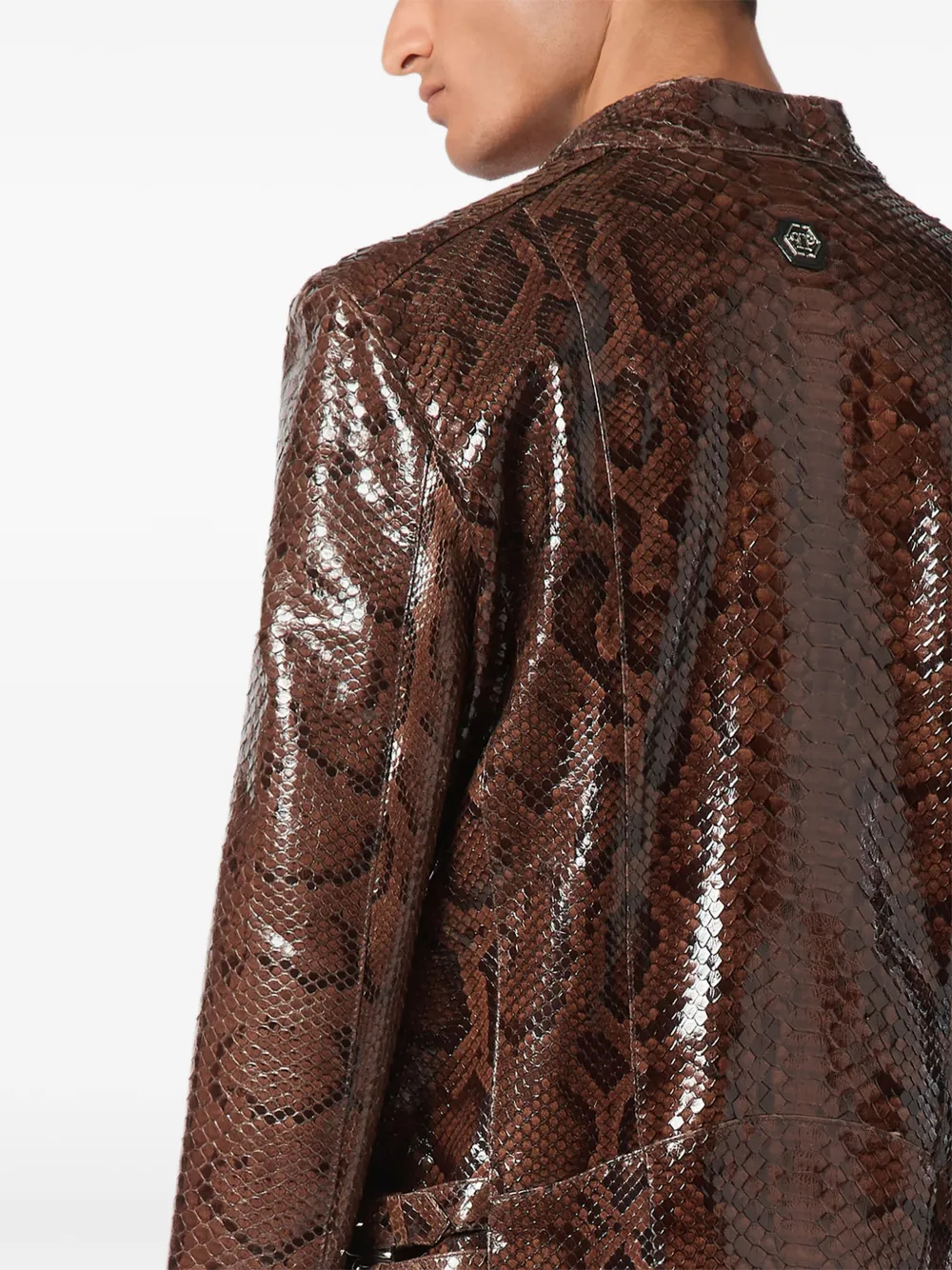 Philipp Plein Leren bikerjack met pythonprint Bruin
