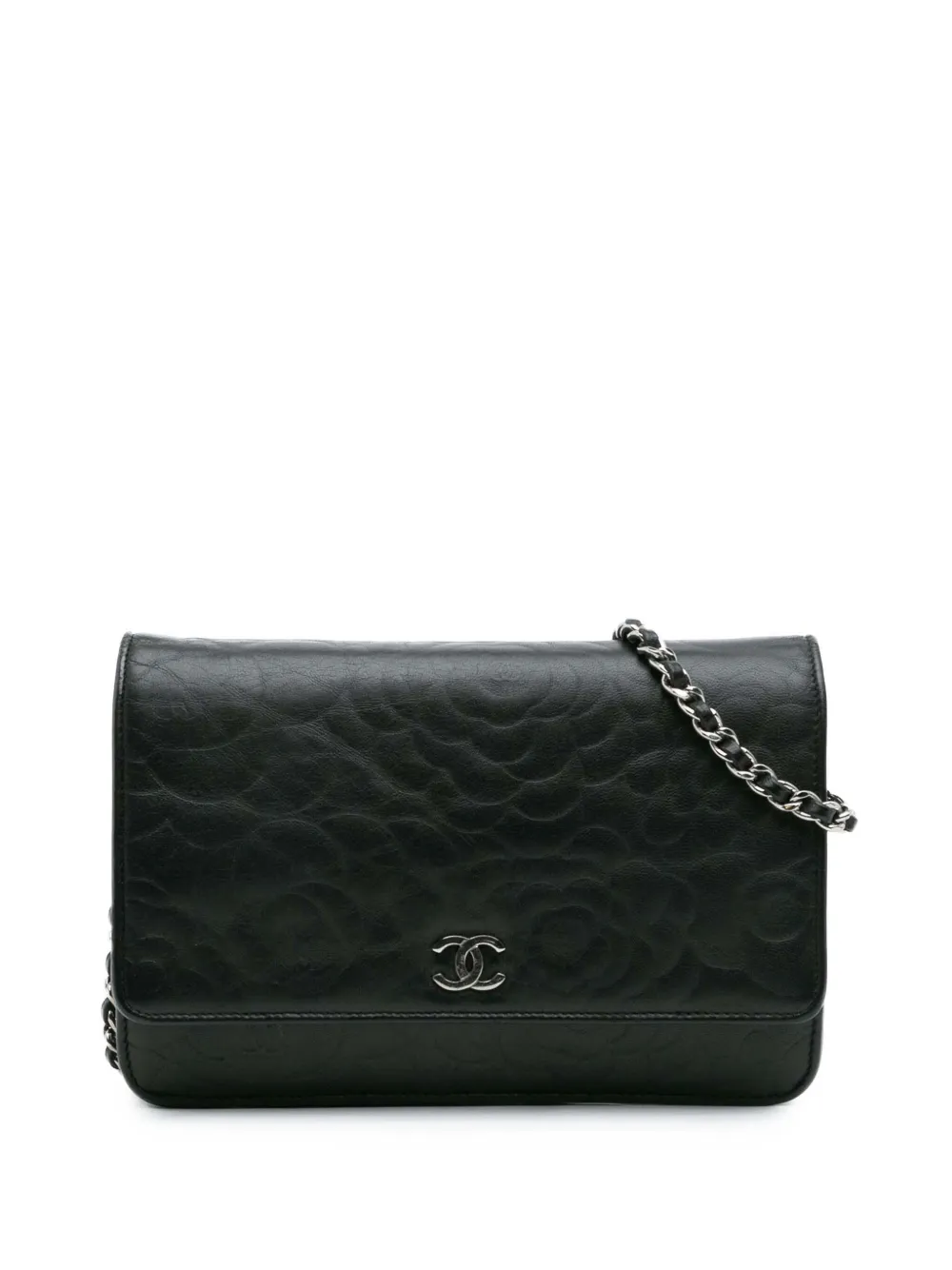 CHANEL Pre-Owned 2012-2013 CC Embossed Lambskin Camellia Wallet On Chain crossbody bag - Black