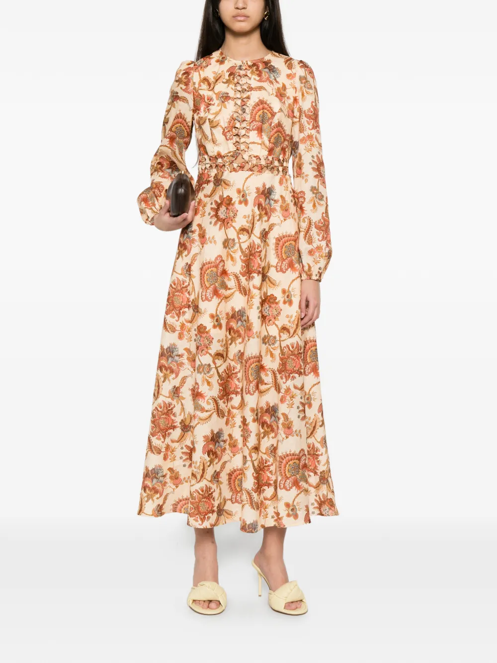 ZIMMERMANN Aster midi-jurk met lange mouwen Beige