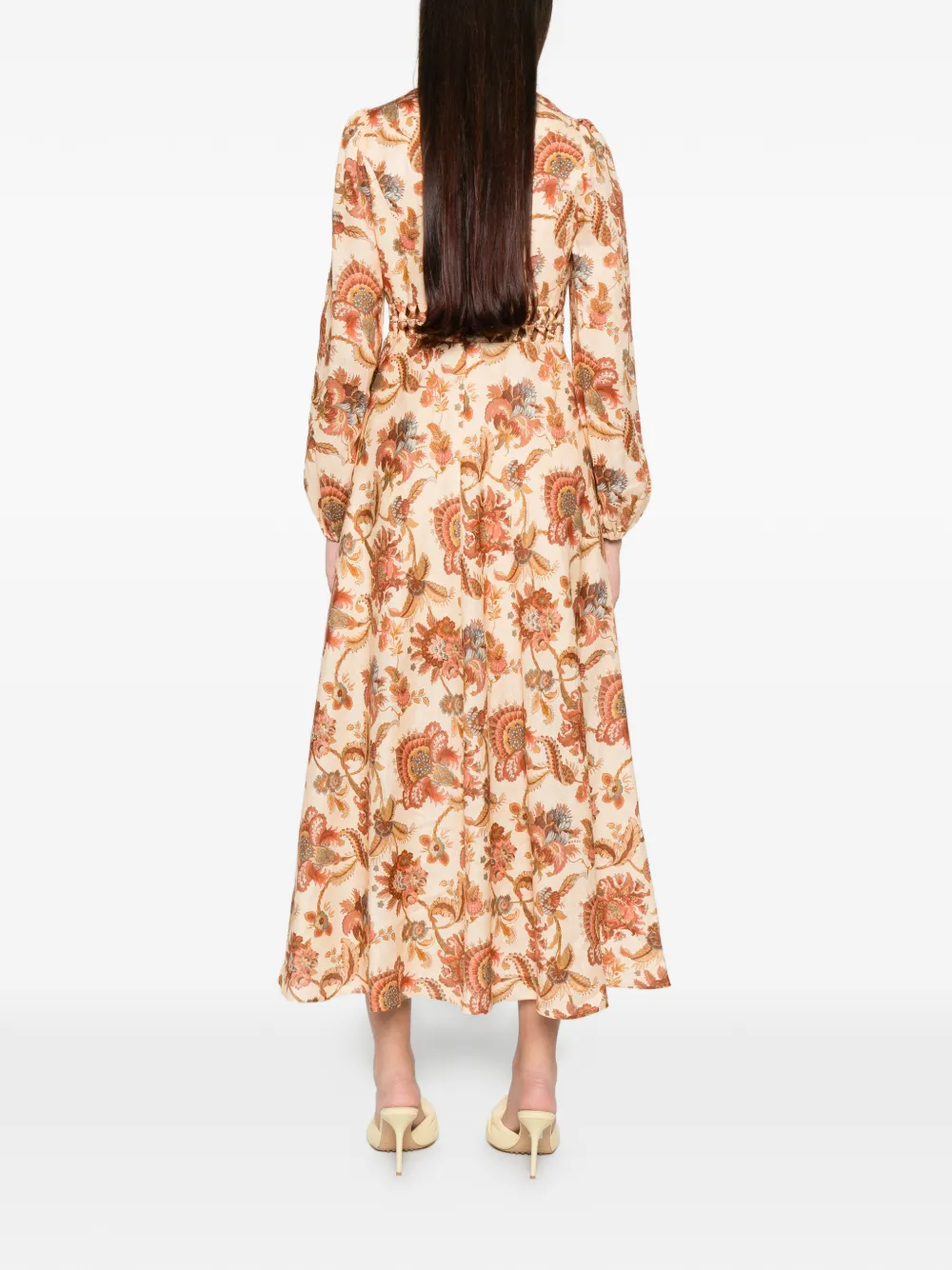ZIMMERMANN Aster midi-jurk met lange mouwen Beige