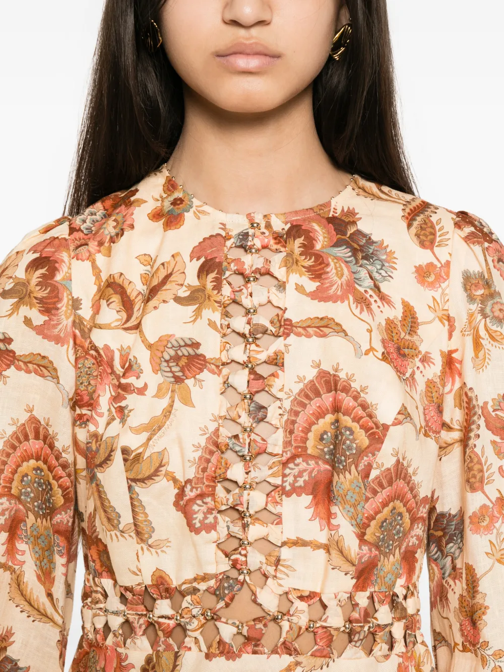 ZIMMERMANN Aster midi-jurk met lange mouwen Beige