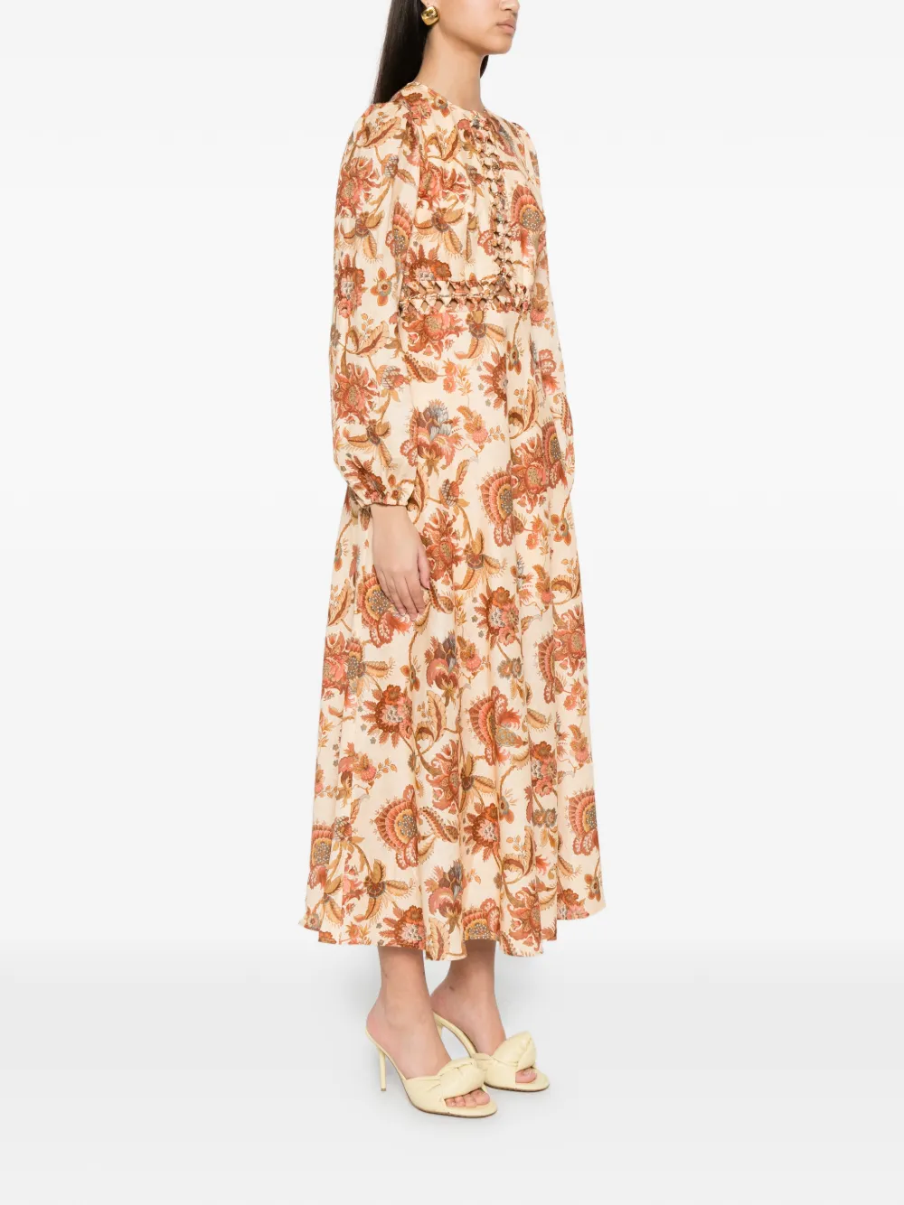 ZIMMERMANN Aster midi-jurk met lange mouwen Beige