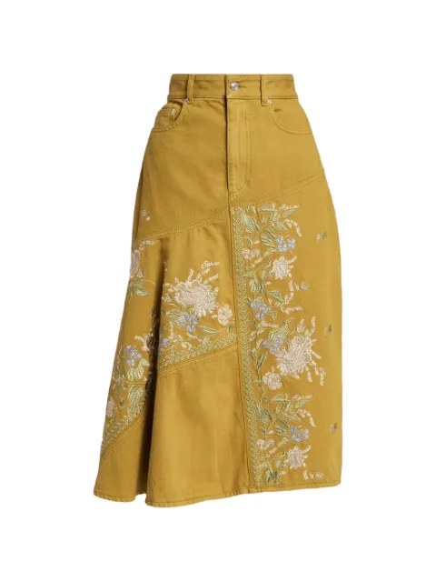 ERDEM floral-embroidered denim midi skirt