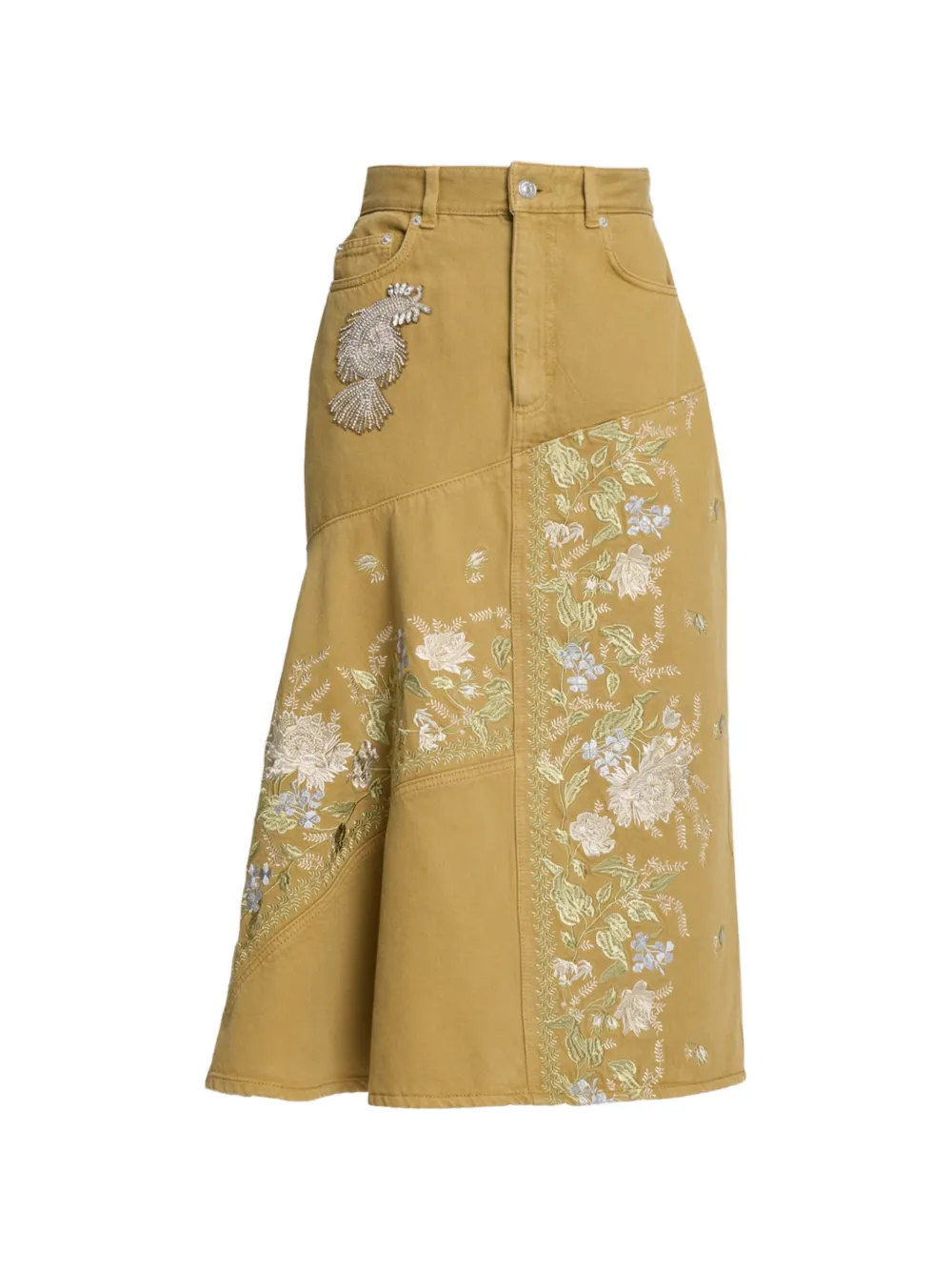 ERDEM floral-embroidered denim midi skirt - Giallo