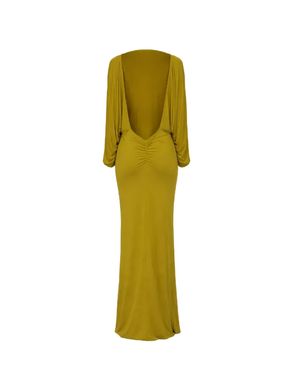 de la vali dress AGUA MAXI IN PALM GREEN CRINKLE CHIFFON OFFICIAL while the open back introduces a moment of understated drama LUCHO MAXI DRESS IN SKY
