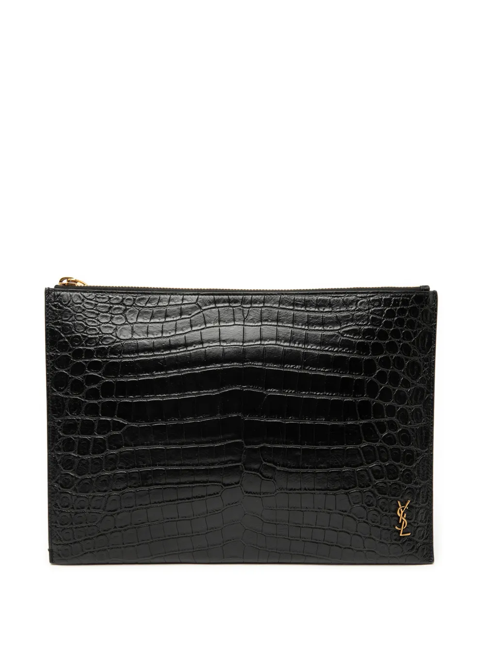Saint Laurent Pre-Owned 2019 Croc Embossed Leather Tiny Monogram Zipped Tablet Holder clutch bag - Nero