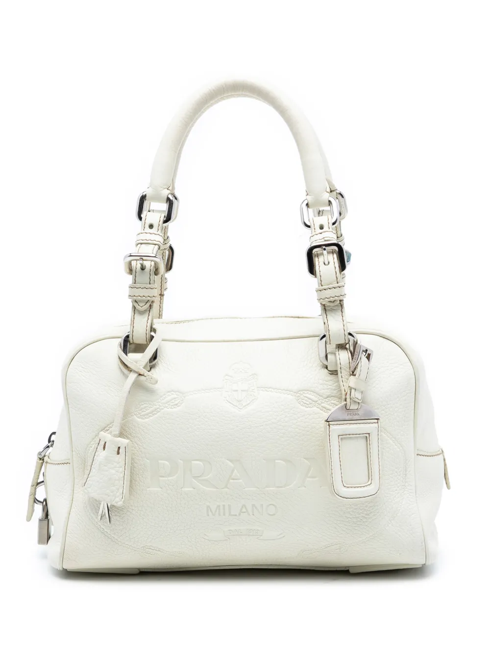 Prada Pre-Owned 2013-2025 Vitello Daino Embossed Logo Bauletto Bag handbag - Bianco