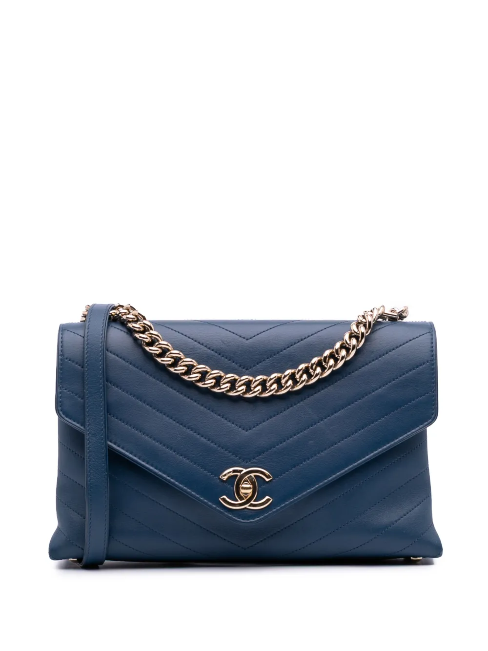 CHANEL Pre-Owned 2018-2019 Medium Calfskin Coco Chevron Envelope Flap satchel - Blu