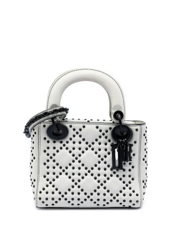 Dior Pre-owned 2018 Mini Ultra Matte Calfskin Cannage Studded Supple Lady Dior Satchel in Black