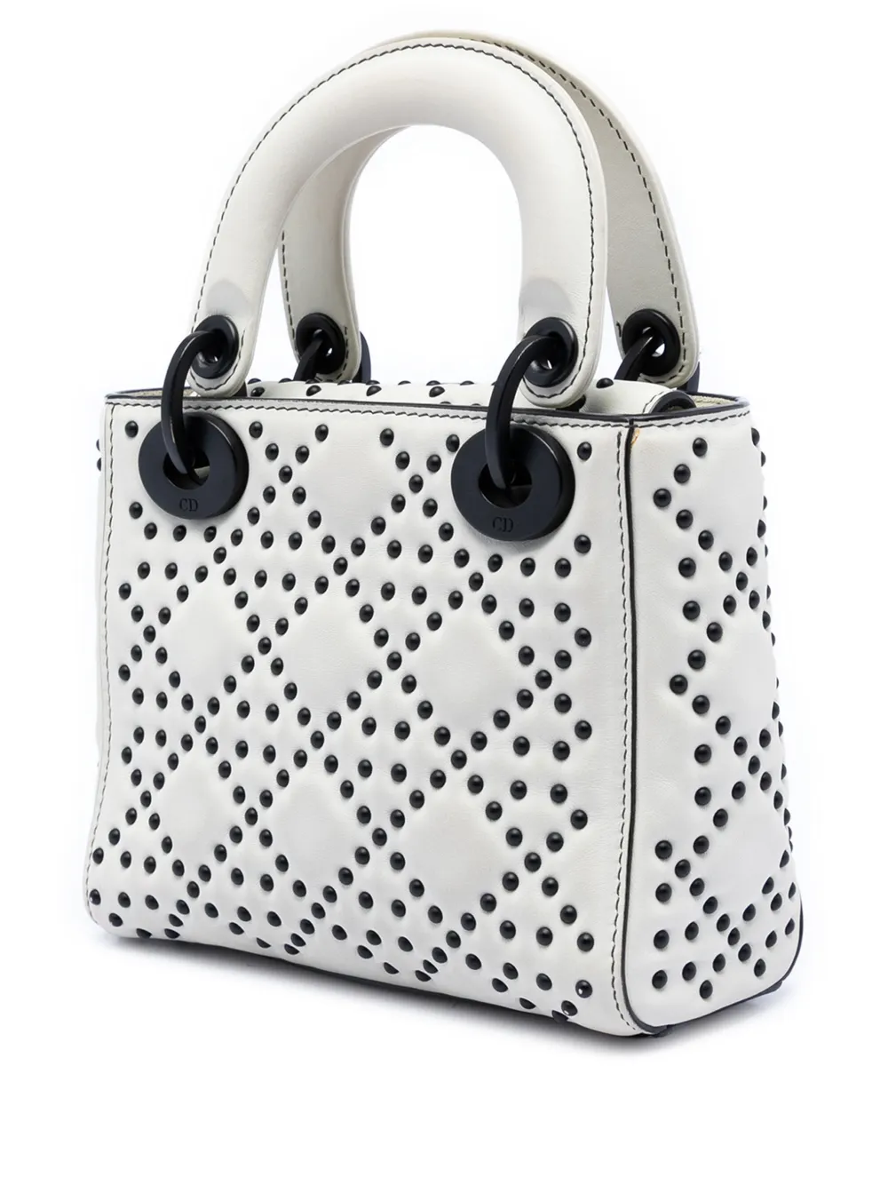 Dior Pre-owned 2018 Mini Ultra Matte Calfskin Cannage Studded Supple Lady Dior Satchel in Black, view 3