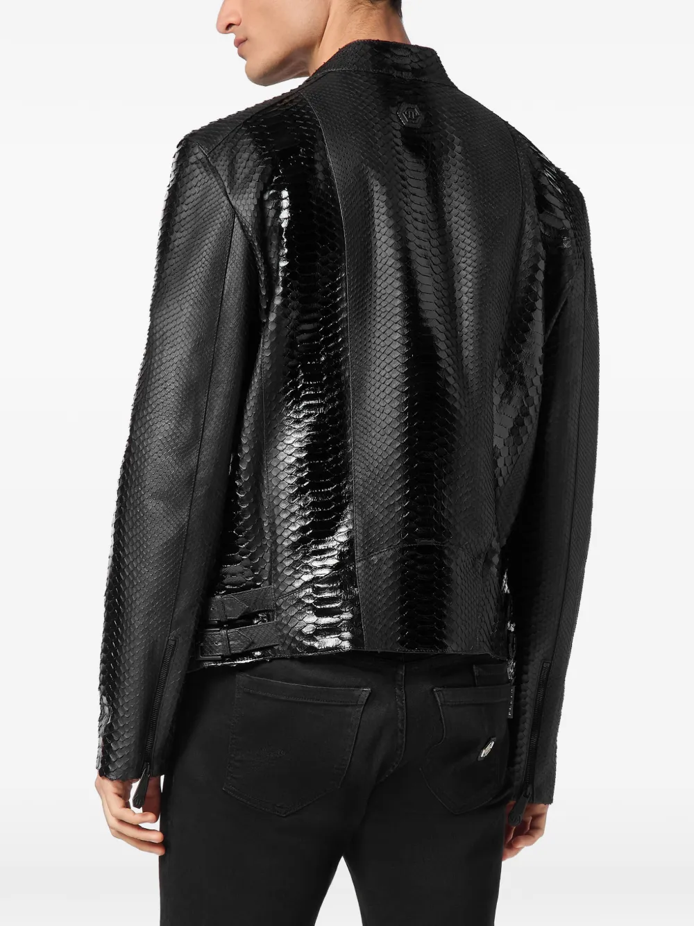 Philipp Plein Leren bikerjack met pythonprint Zwart