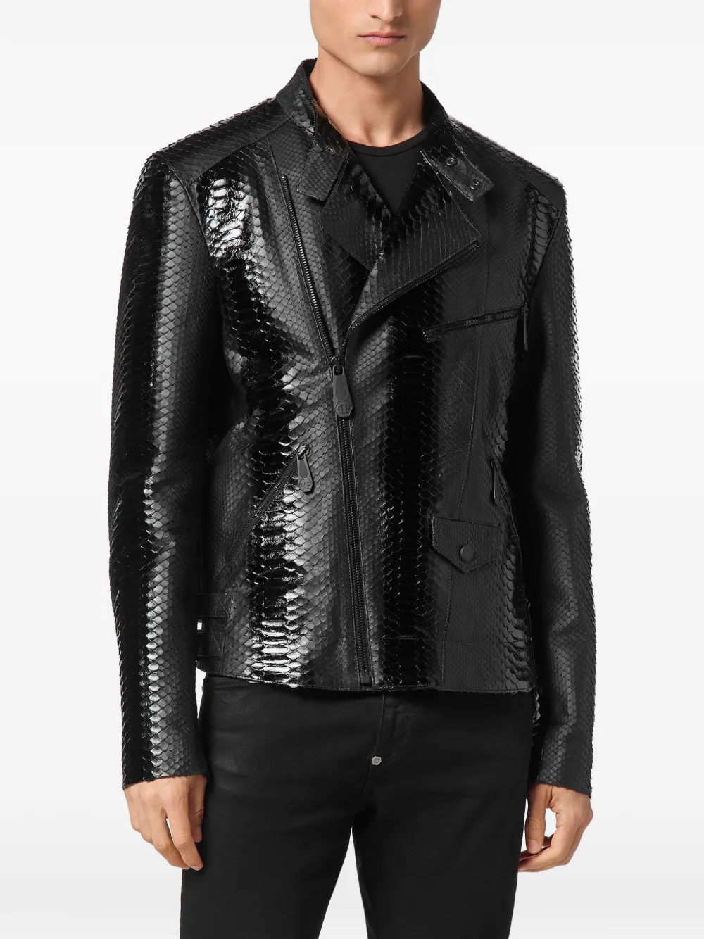 Philipp Plein Leren bikerjack met pythonprint Zwart