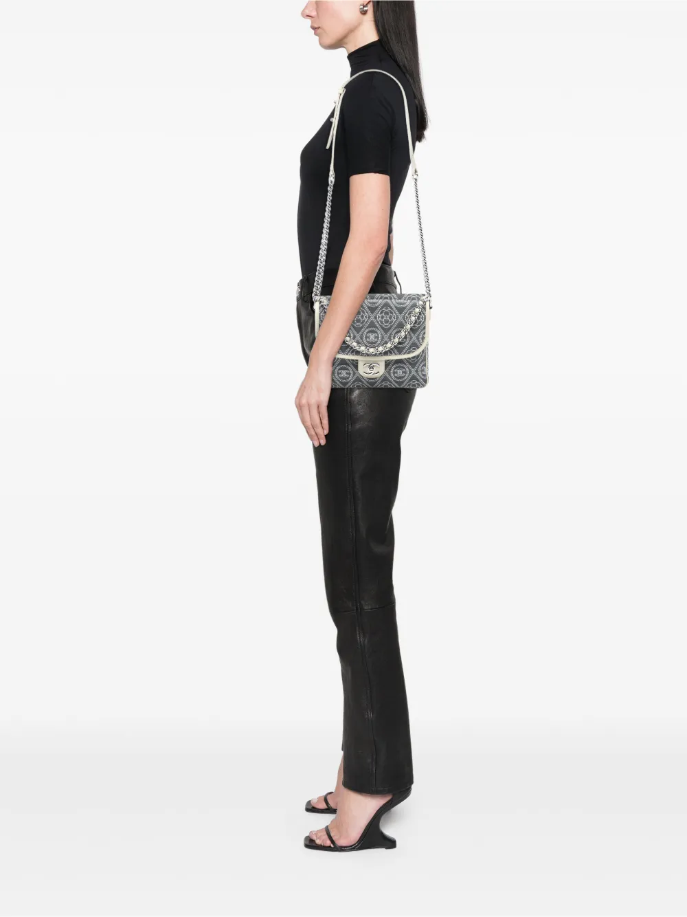 Chanel Pre-owned 2018 Camellia Printed Canvas Double Side Flap Satchel in Grey, view 2