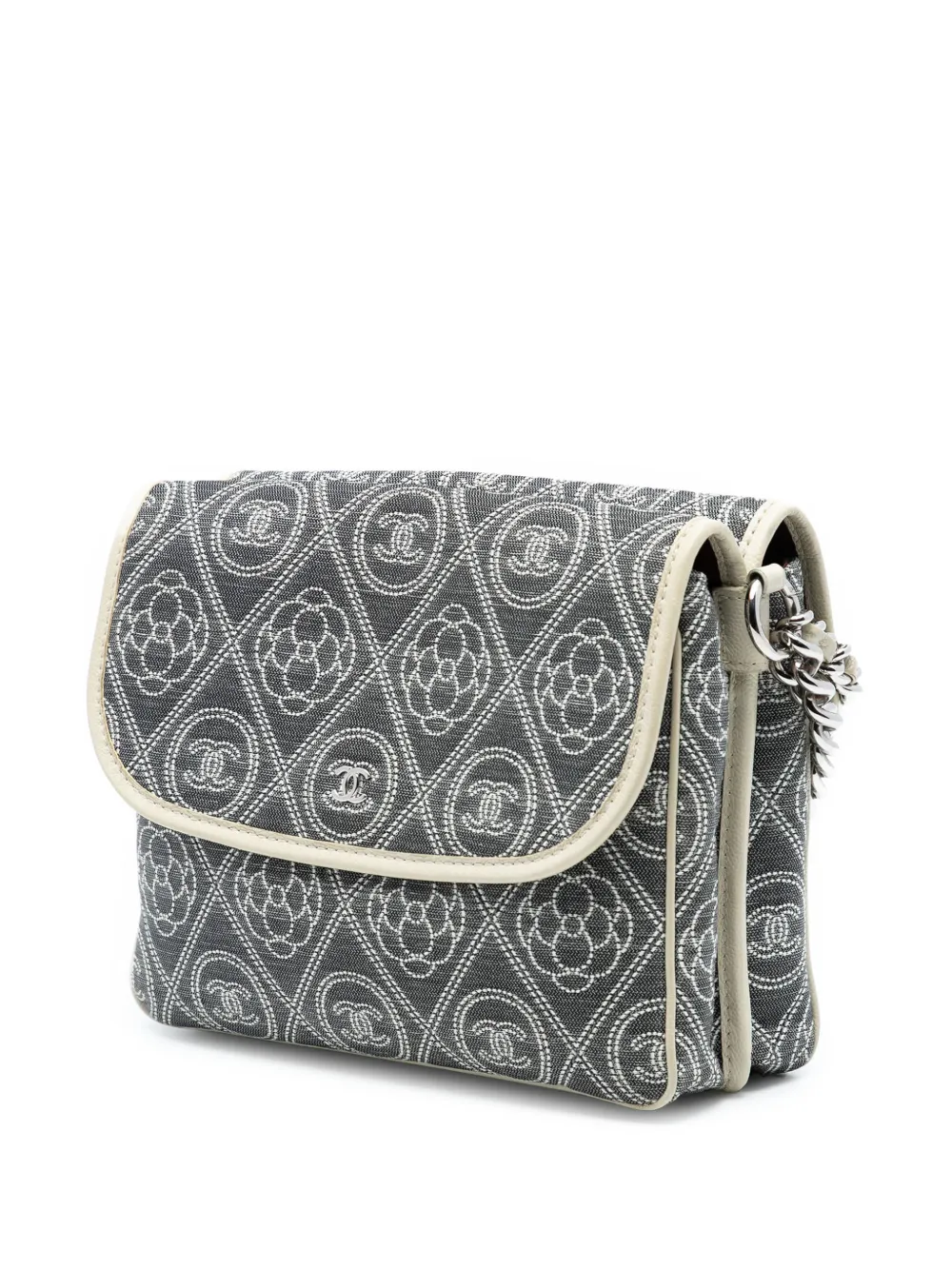 Chanel Pre-owned 2018 Camellia Printed Canvas Double Side Flap Satchel in Grey, view 3
