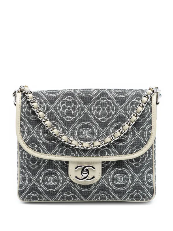Chanel Pre-owned 2018 Camellia Printed Canvas Double Side Flap Satchel in Grey