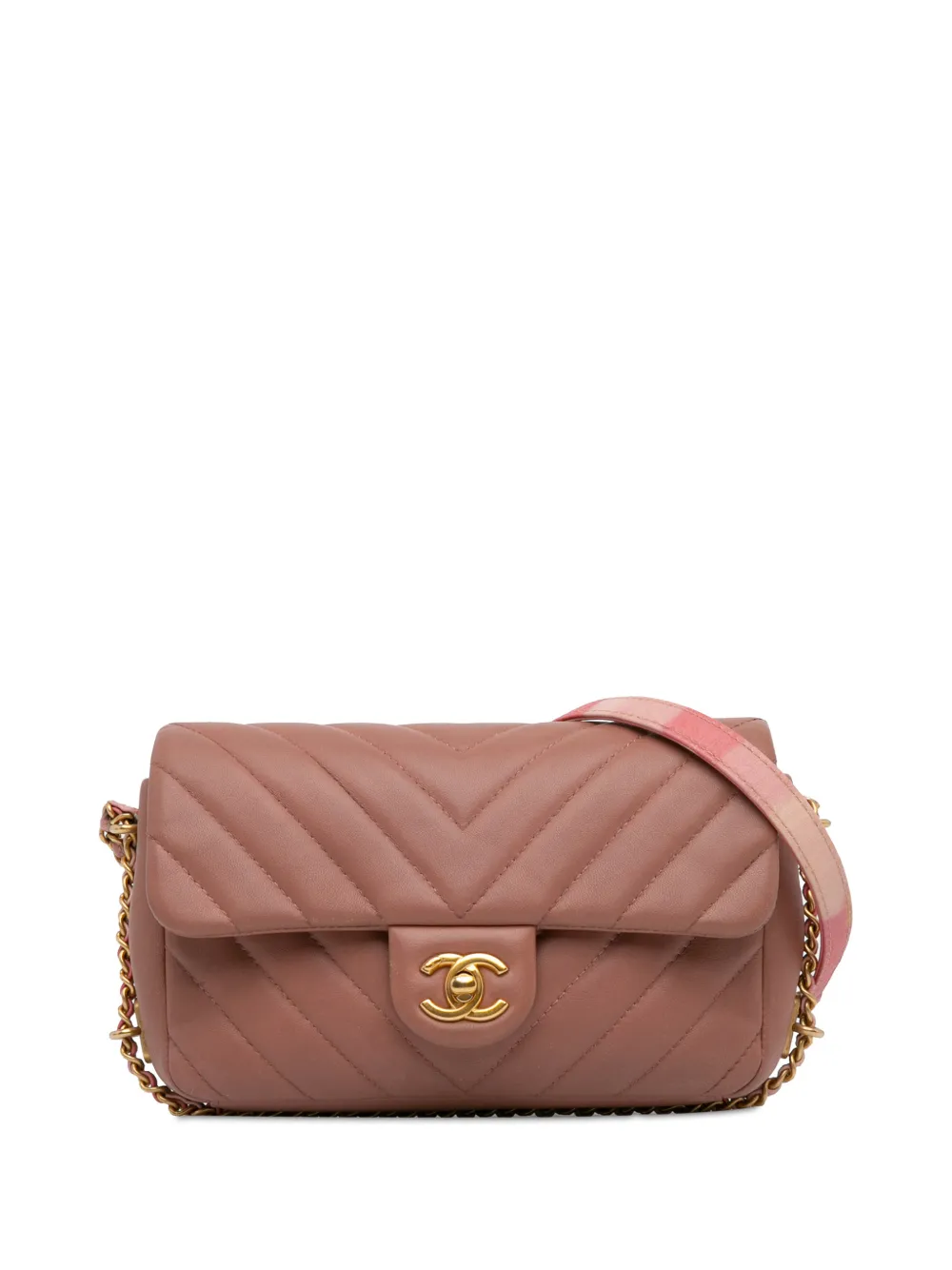 CHANEL Pre-Owned 2018 Mini Rectangular Chevron Lambskin Chain Around Flap crossbody bag - Rosa