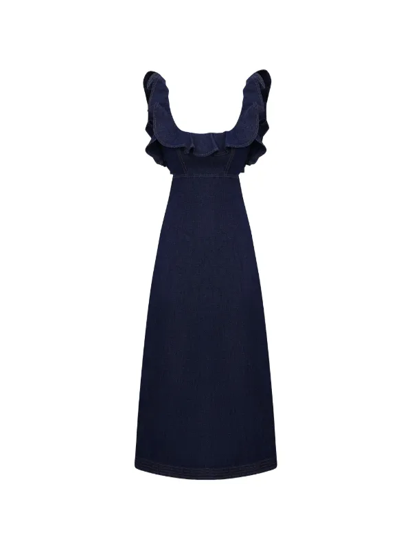Zimmermann Aster Denim Frill Midi Dress in Blue