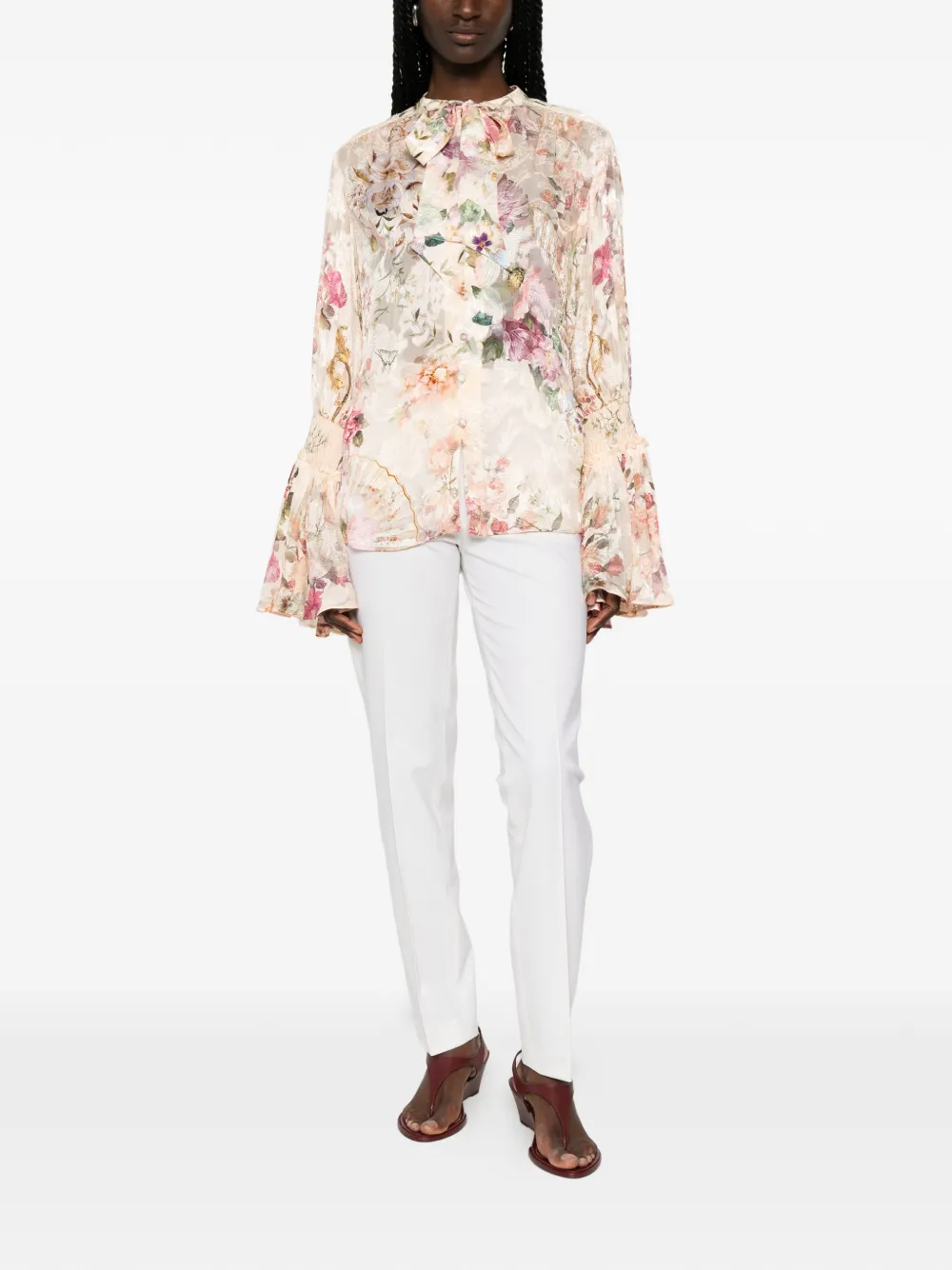 Camilla Blouse met jacquard bloemenprint Beige