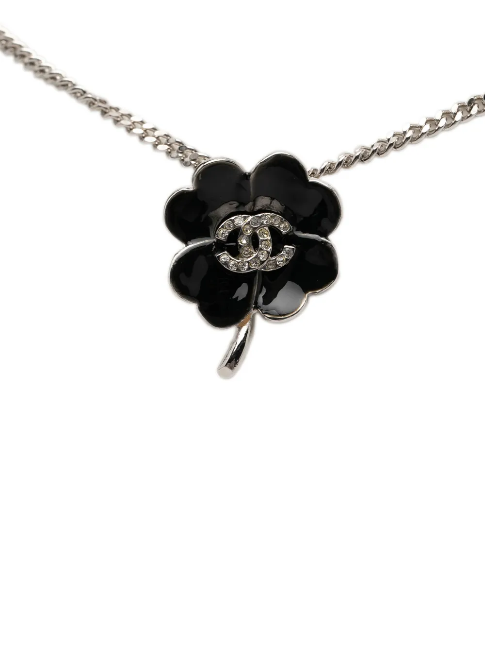 CHANEL Pre-Owned 2004 Silver Plated CC Rhinestone Lacquered Camellia Pendant Necklace costume necklace - Nero