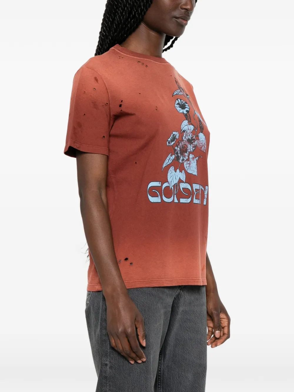 Golden Goose T-shirt met bloemenprint en gerafeld effect Bruin