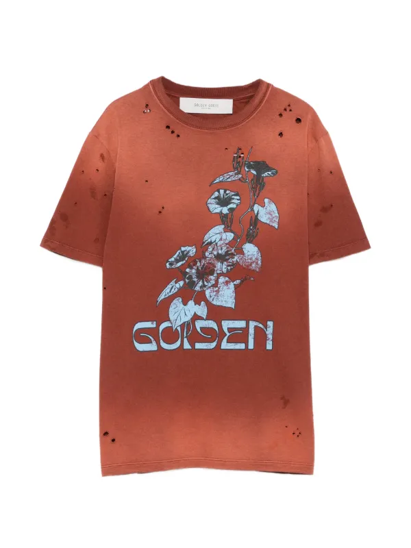 Golden Goose T-shirt in Rust-colored Cotton Jersey with Floral Print in Brown