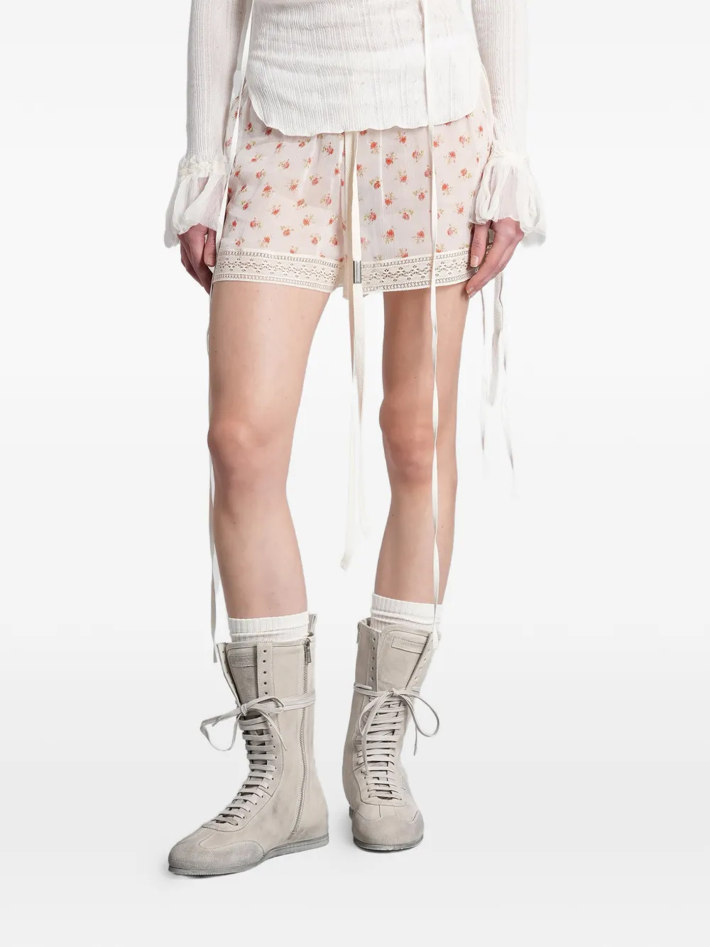 Ann Demeulemeester floral-print lace-trim mini shorts - Toni neutri