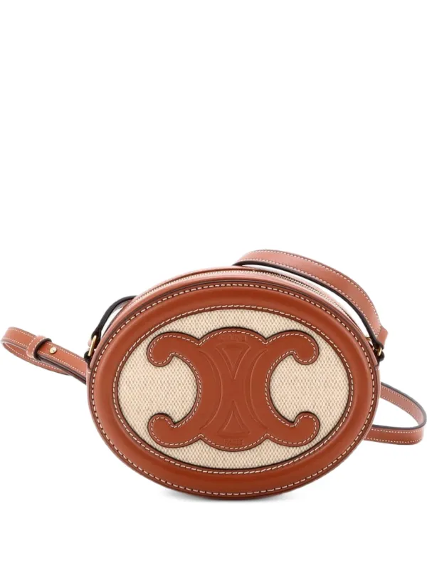 Celine Pre-owned Triomphe Oval Canvas and Leather Crossbody Bag in Brown