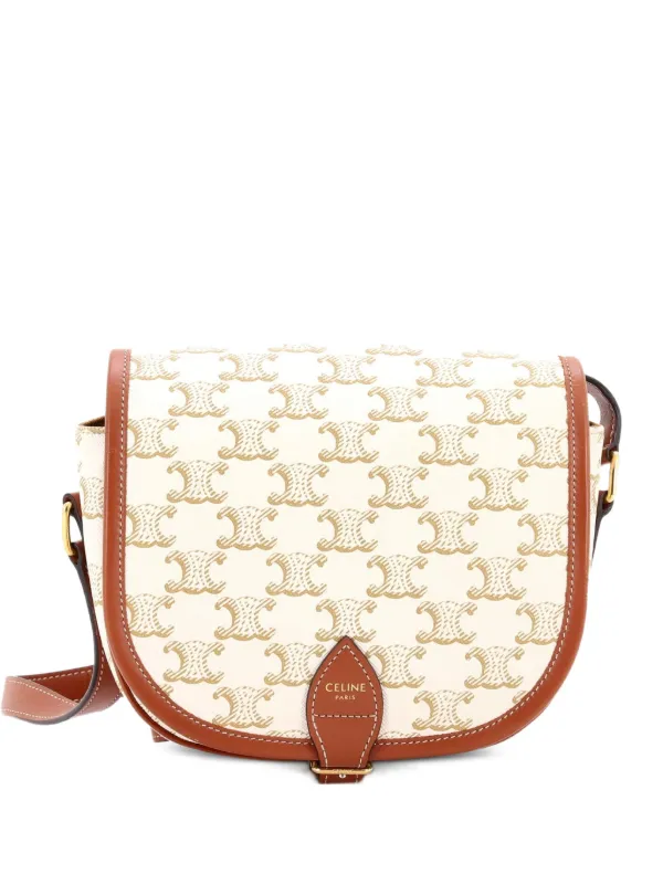 Celine Pre-owned Folco Bag Triomphe Coated Canvas Medium Crossbody Bag in Neutrals