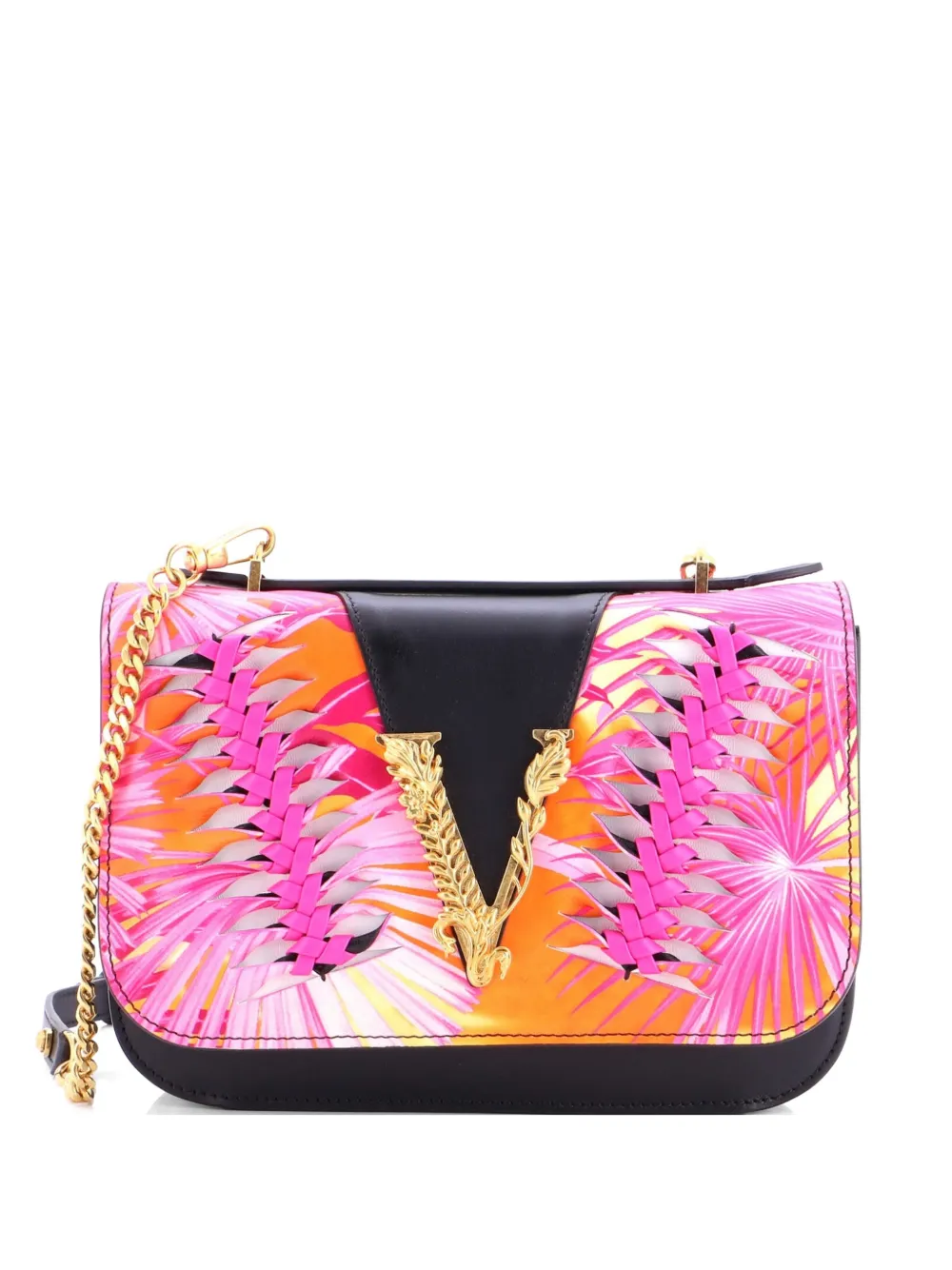 Versace Pre-Owned Virtus Flap Shoulder Bag Printed Leather with Braided Detail Small crossbody bag - Nero